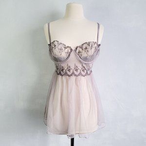 Victoria's Secret Lavender Embroidered Rhinestone Embellished Chemise Top 34C